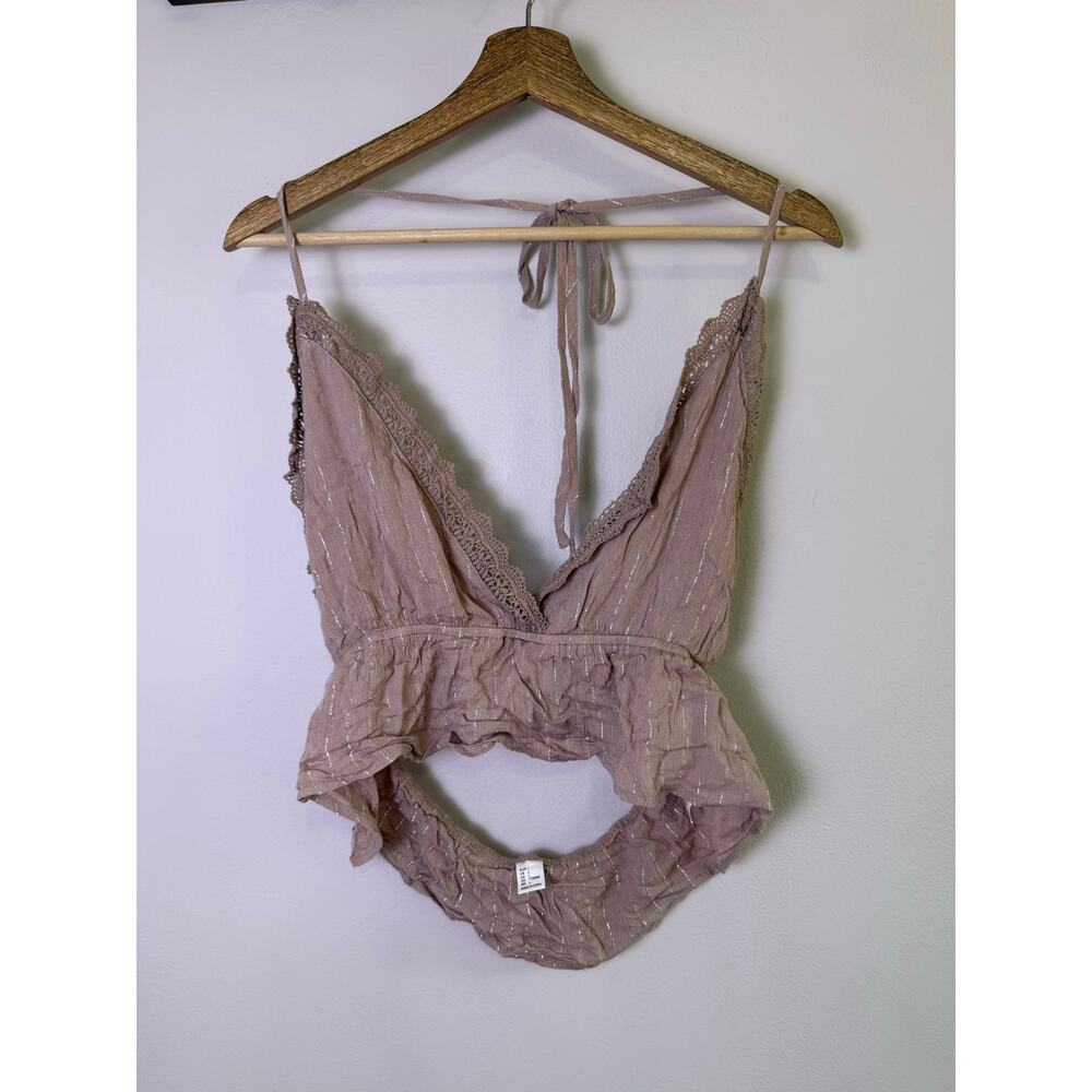 Fairycore Beige Shimmer Halter Crop Top Lace Boho Cottagecore L - Picture 4 of 5